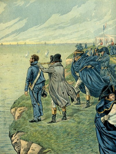 Napolyon I Bonaparte (1769-1821) Temmuz 1804'te Boulogne kampının cephaneliğini ziyaret etti. Çizim Jacques Marie Gaston Onfray de Breville dit JOB (1858-1931). Özel koleksiyon by pseudonym for Onfray de Breville Jacques Job