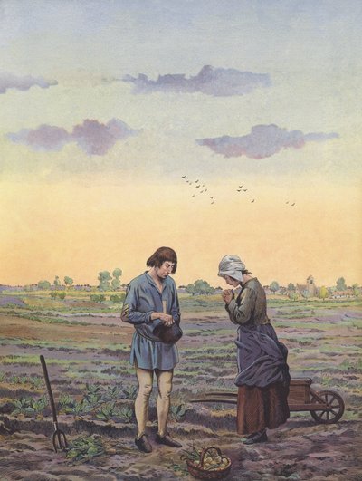 Kral tarafından emredildiği gibi dualar için tarladaki işlerine ara veren köylüler (renkli taş) by pseudonym for Onfray de Breville Jacques Job