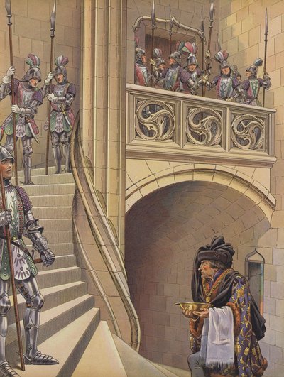 Berber, sayısız silahlı muhafızı geçerek (renkli lito) kralın odasına giden merdivenleri tırmandı. by pseudonym for Onfray de Breville Jacques Job