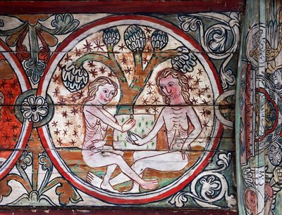 Adam and Eve in Garden of Eden, decoration from Al Stavkirke, Norway (fresco) by school Scandinavian
