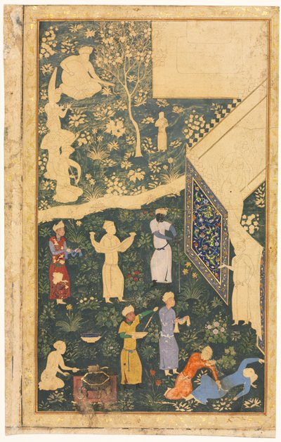 Çift sayfalık bir albüm folyosunun sol tarafı: Kraliyet Kampı Dışında (rekto) by style of Bihzad