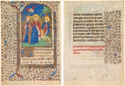 Bir Saatler Kitabından Yaprak: Sts. Geneviève, İskenderiyeli Catherine ve Margaret (rekto) ve Metin (verso) by workshop of Boucicaut Master