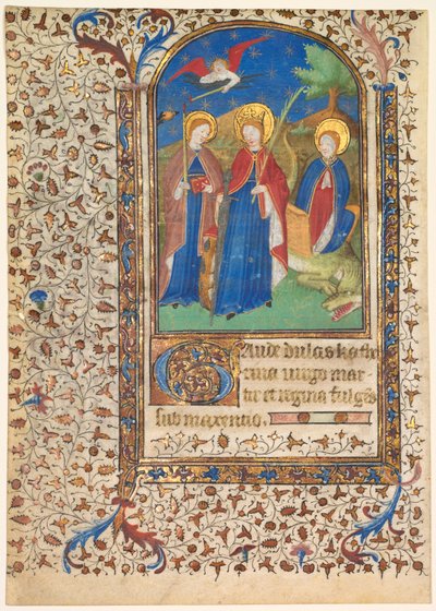 Bir Saatler Kitabından Yaprak: Sts. Geneviève, İskenderiyeli Catherine ve Margaret (rekto) by workshop of Boucicaut Master