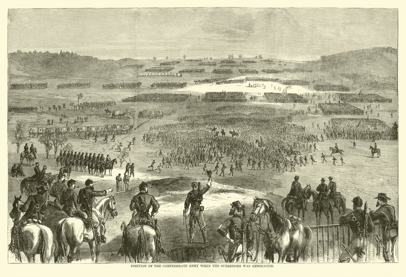 Teslimiyet ilan edildiğinde Konfederasyon Ordusunun konumu, Nisan 1865 (gravür) by (after) American School