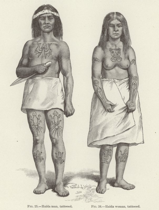 Dövmeli Haida kadın ve erkek (gravür) by (after) American School