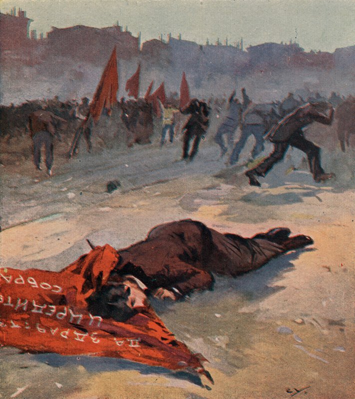 Bir gösteri sırasında Bolşevik Kızıl Muhafızlar tarafından Gorbaçovskaya adlı Sosyalist Devrimci Parti aktivistinin öldürülmesi, Petrograd, Rusya by (after) Carrey