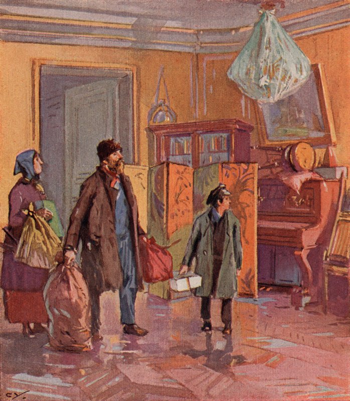 Devrimden sonra bir burjuva dairesine sahip olan işçi sınıfı Rus ailesi (renkli taş) by (after) Carrey