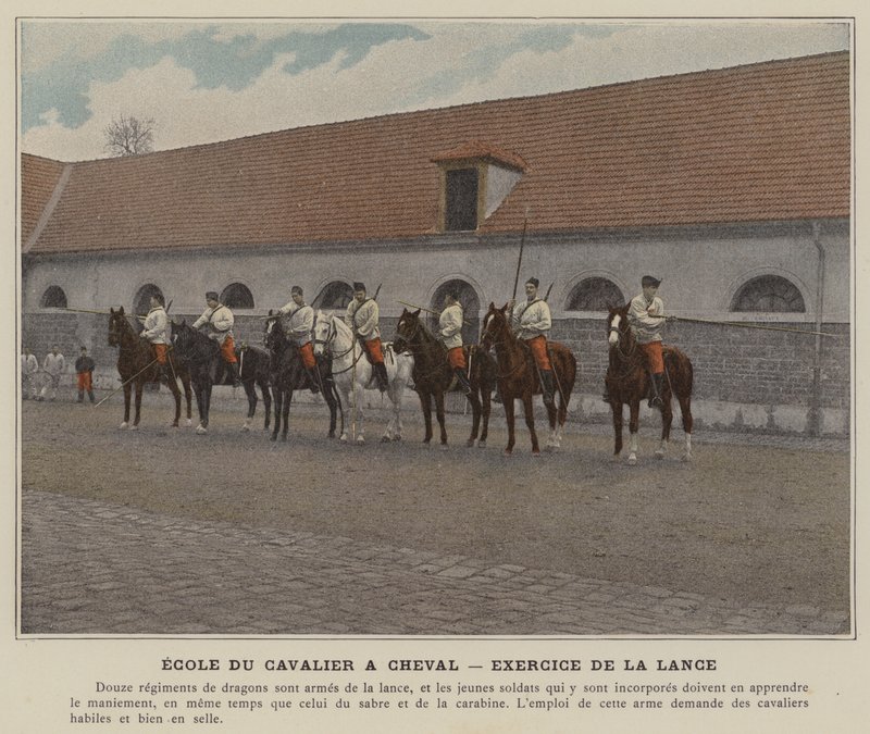 Atlı Binici Okulu, Lance Egzersizi (renkli fotoğraf) by (after) French Photographer
