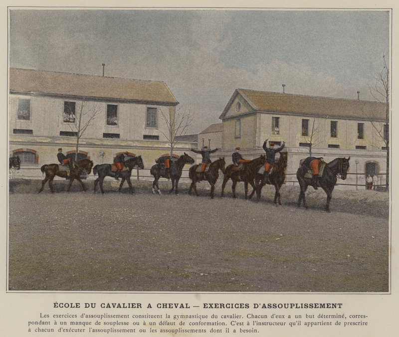Binicilik Okulu, Esneklik Egzersizleri (renkli fotoğraf) by (after) French Photographer