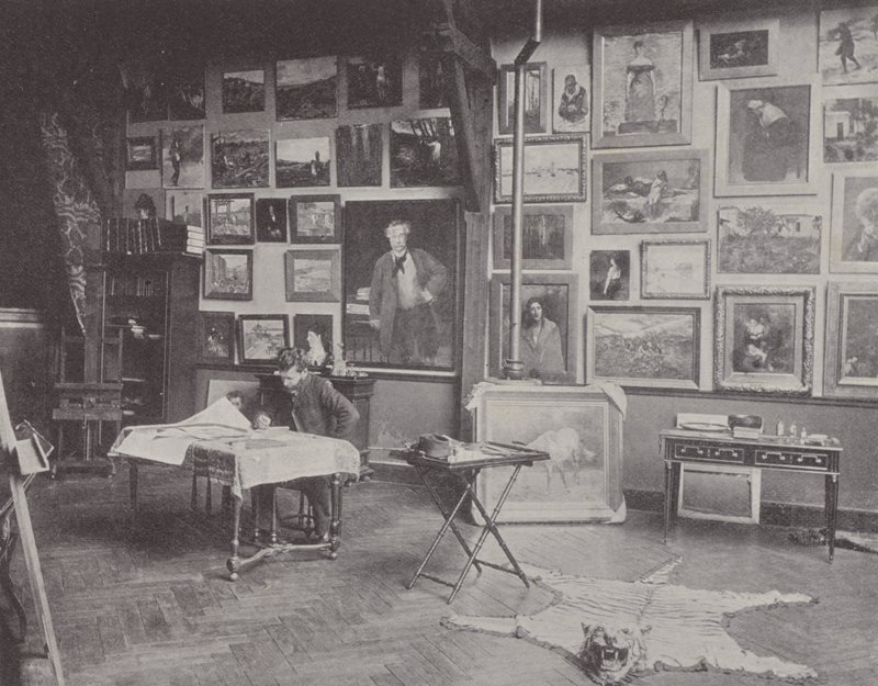 Fransız ressam Alfred Philippe Roll stüdyosunda (s/b fotoğraf) by (after) French Photographer