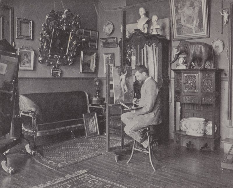 Fransız ressam Henri Gervex stüdyosunda (s/b fotoğraf) by (after) French Photographer