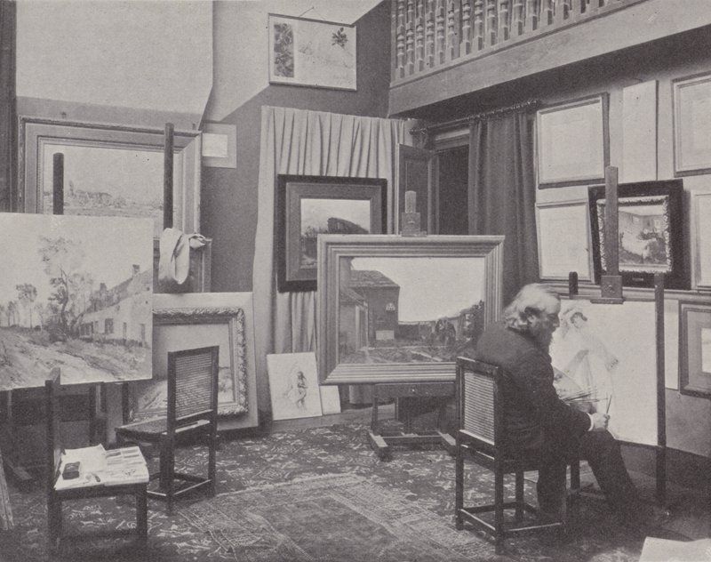 Fransız ressam Jean Charles Cazin stüdyosunda (s/b fotoğraf) by (after) French Photographer