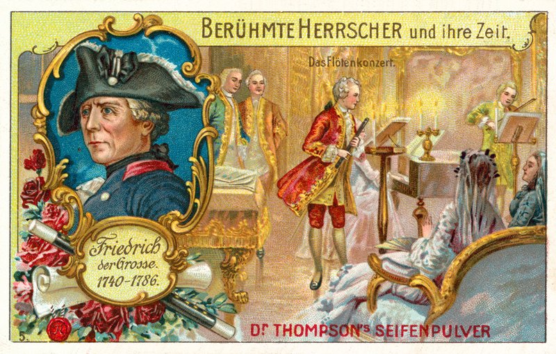 Prusya Kralı Büyük Frederick ve bir flüt konseri (chromolitho) by (after) German School