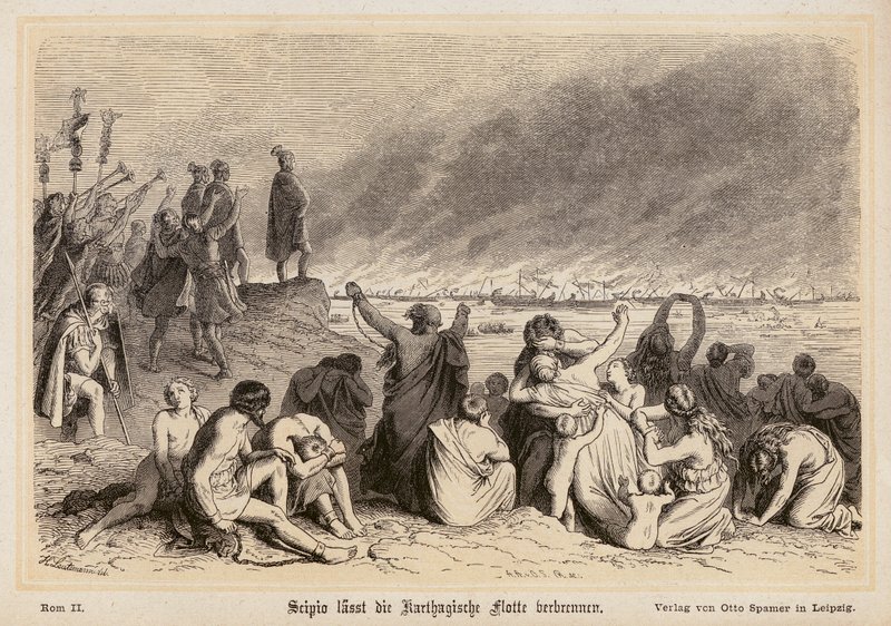 Scipio Africanus Kartaca filosunu yakıyor (gravür) by (after) German School