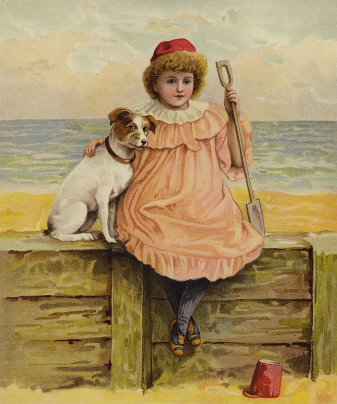 Sahilde köpeğiyle oturan bir kız by English School