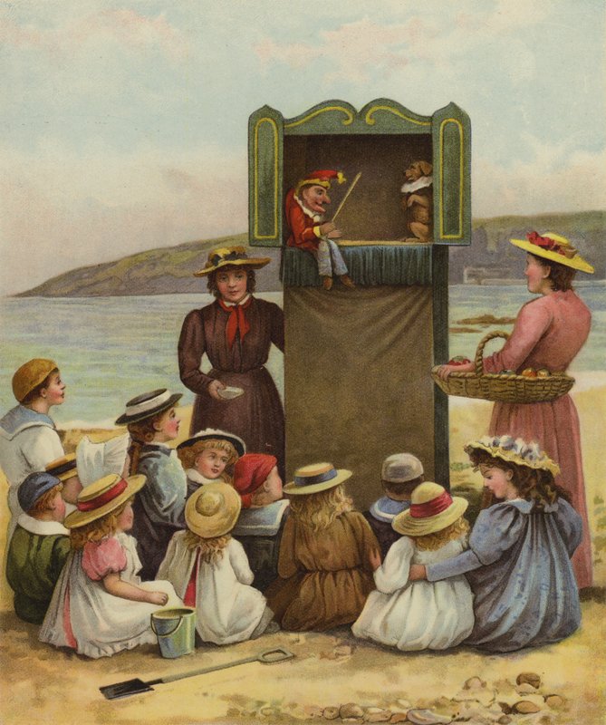 Plajda Punch ve Judy gösterisi izleyen çocuklar by English School