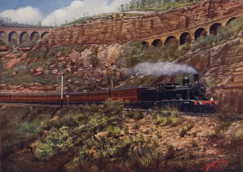 Sidney ve Bendigo arasındaki yeni hat üzerinde eski Zig-zag Viyadüklerini gösteren Ekspres Tren ? by English School