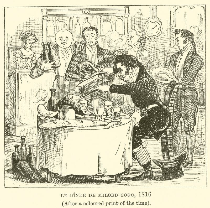 Le Diner de Milord Gogo, 1816, (Zamanın renkli bir baskısından sonra) by English School