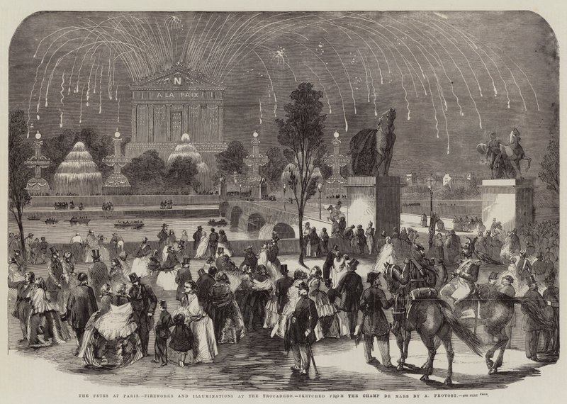 Paris'teki Şenlikler, Trocadero'daki Havai Fişekler ve Aydınlatmalar, Champ de Mars'tan çizilmiş by A Provost