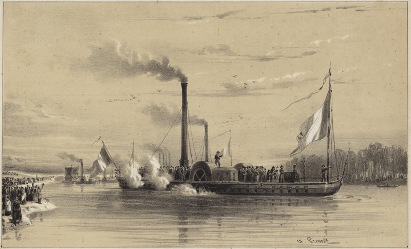 People on the shore waving off a steamship  by A Provost