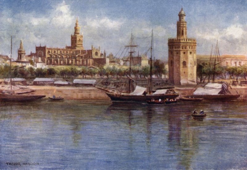 Sevilla, Torre del Oro ve Katedral (renkli taş) by A. Trevor Haddon