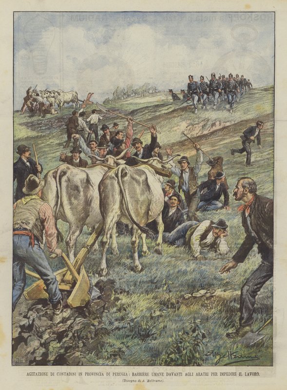 Perugia Eyaletinde Köylülerin Ajitasyonu, Çalışmayı Önlemek İçin Sabanların Önüne İnsan Bariyerleri by Achille Beltrame