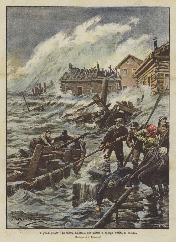 Büyük felaketler, onlarca insanı vuran ve boğan devasa bir dalga by Achille Beltrame