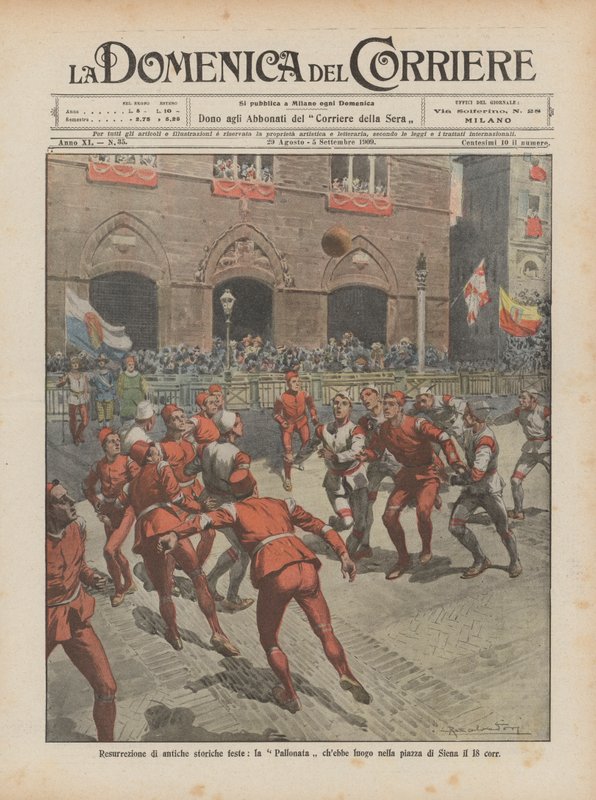 18. yüzyılda Siena meydanında gerçekleşecek olan Pallonata antik tarihi festivallerinin yeniden dirilişi. by Achille Beltrame