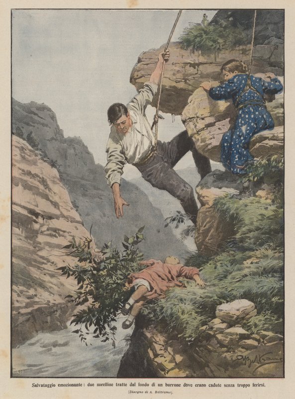 Heyecan verici kurtarma, iki küçük kız kardeş çok fazla yaralanmadan düştükleri bir vadinin dibinden alındı by Achille Beltrame