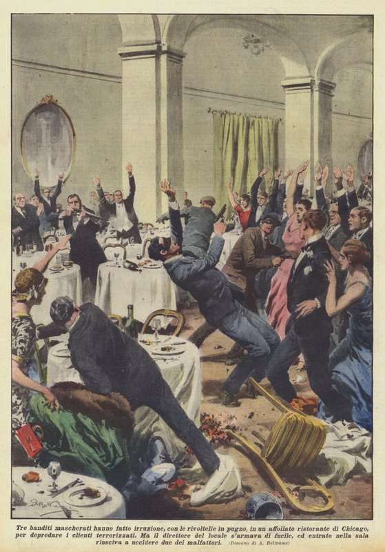 Ellerinde tabancalarla üç maskeli haydut baskın düzenledi, kalabalık mı? by Achille Beltrame