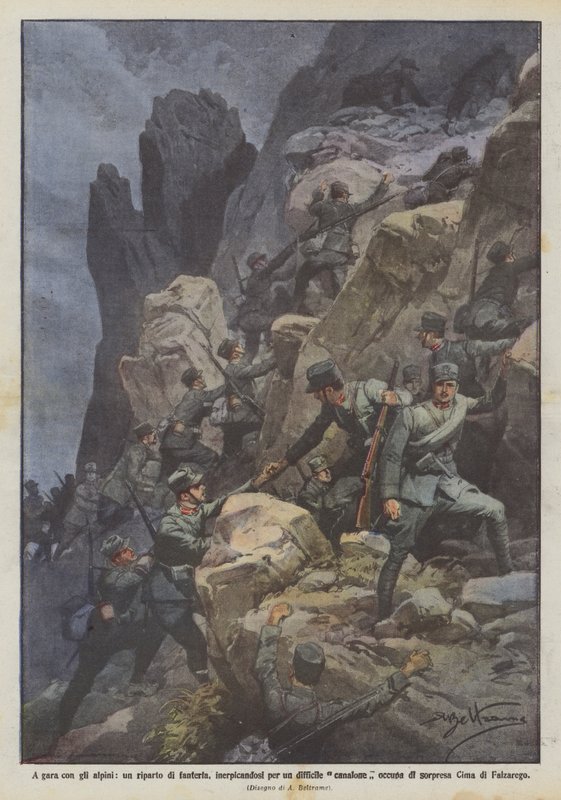 Alp birlikleriyle rekabet halinde, bir bölük piyade, zorlu bir vadiye tırmanırken işgal eder mi? by Achille Beltrame