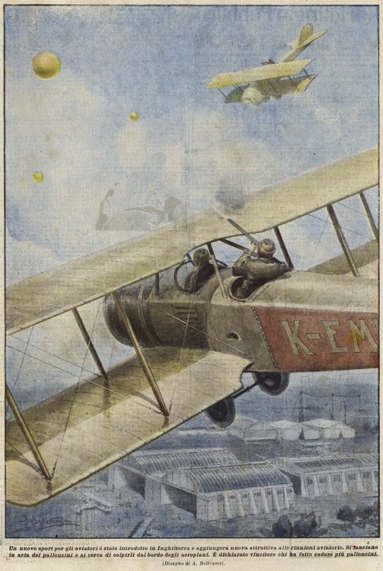 Bir uçakta İngiltere üzerinde balon atan silahlı bir adam by Achille Beltrame