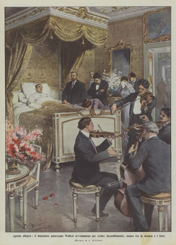 Neşeli ıstırap, Amerikalı bankacı Walker yanlışlıkla kendini tedavi edilemez bir şekilde zehirledi, müzik ve çiçekler arasında öldü by Achille Beltrame