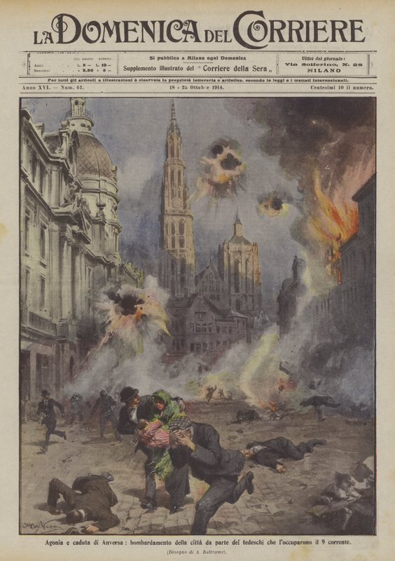 Anvers'in ıstırabı ve düşüşü, şehrin 9'uncusu işgal eden Almanlar tarafından bombalanması by Achille Beltrame