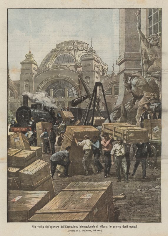 Milano Uluslararası Sergisinin açılışının arifesinde, nesnelerin boşaltılması by Achille Beltrame