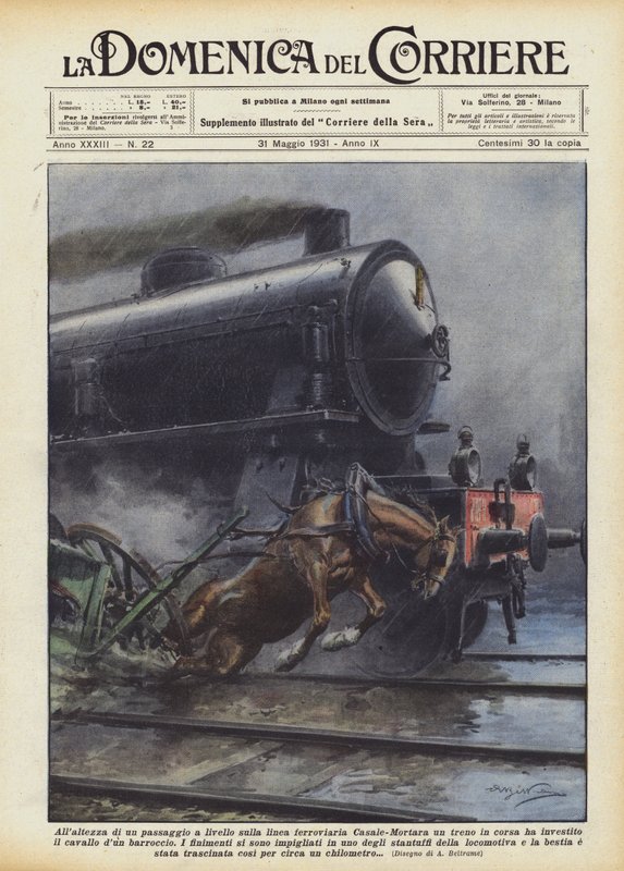 Casale-Mortara demiryolu hattındaki hemzemin geçitte, hareket halindeki bir tren mi? by Achille Beltrame