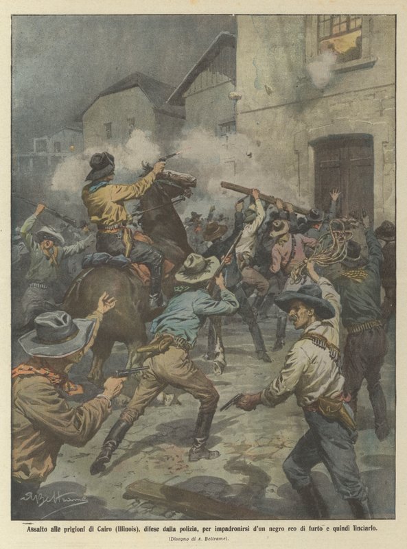 Siyah bir suçluyu yakalamak için polis tarafından savunulan Kahire (Illinois) hapishanelerine saldırı mı? by Achille Beltrame