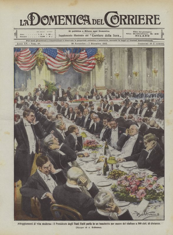 Modern yaşamın tutumları, Amerika Birleşik Devletleri Başkanı aracılığıyla bir ziyafette konuşuyor? by Achille Beltrame