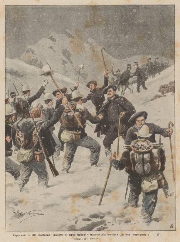 Yüksek dağlarda yılbaşı gecesi, -16 ° sıcaklıkta sınırda İtalyan ve Fransız Alp birliklerinin buluşması by Achille Beltrame