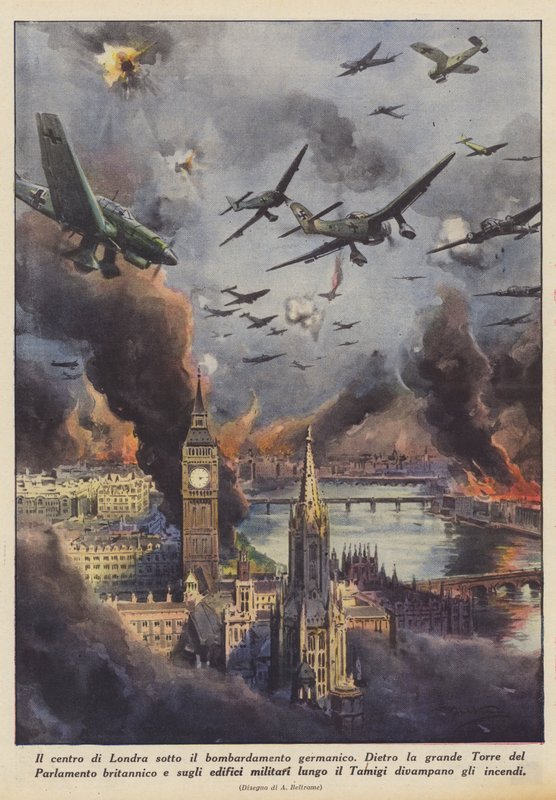 Cermen bombardımanı altında Londra merkezi (Renkli Litho) by Achille Beltrame