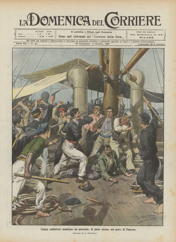 Beş suçlu, güpegündüz, Palermo limanında bir vapura saldırdı. by Achille Beltrame