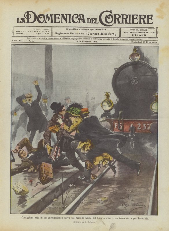 Bir istasyon şefinin cesur davranışı, bir tren onlara çarpmak üzereyken peronda duran üç kişiyi kurtarır. by Achille Beltrame