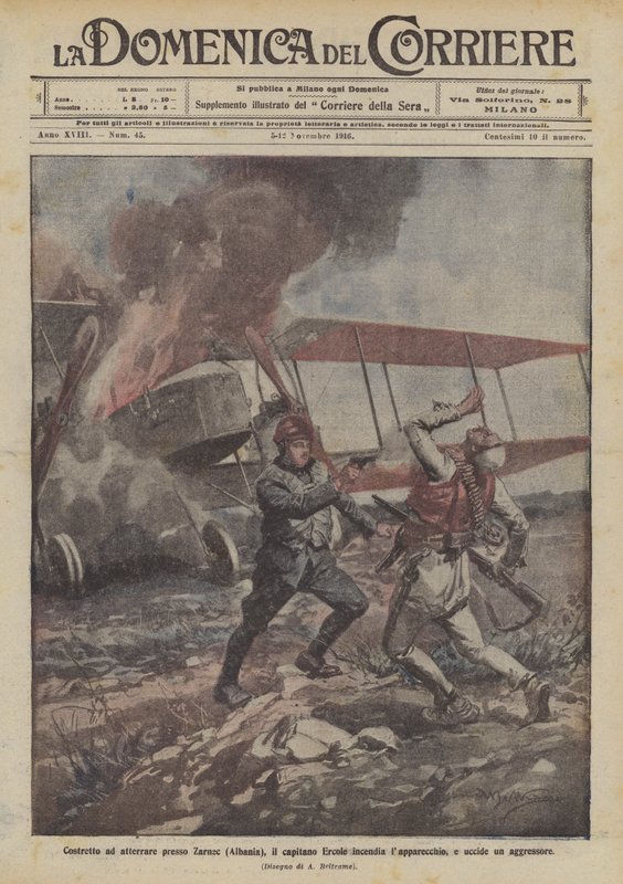 Zarnec (Arnavutluk) yakınlarına inmek zorunda kalan Kaptan Ercole, uçağa ateş açar ve bir saldırganı öldürür by Achille Beltrame