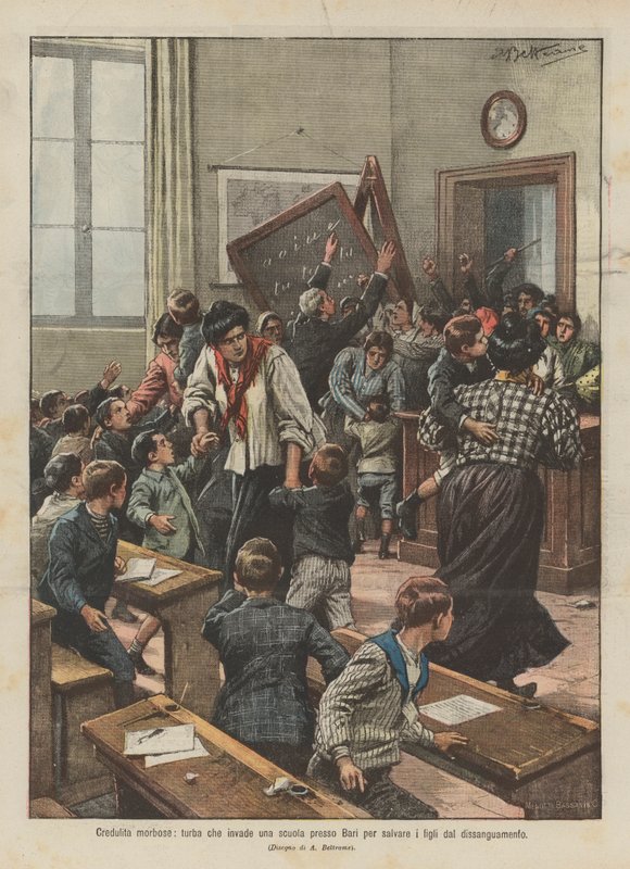 Morbid saflık, çocuklarını kanamadan kurtarmak için Bari yakınlarındaki bir okulu işgal eden mafya by Achille Beltrame