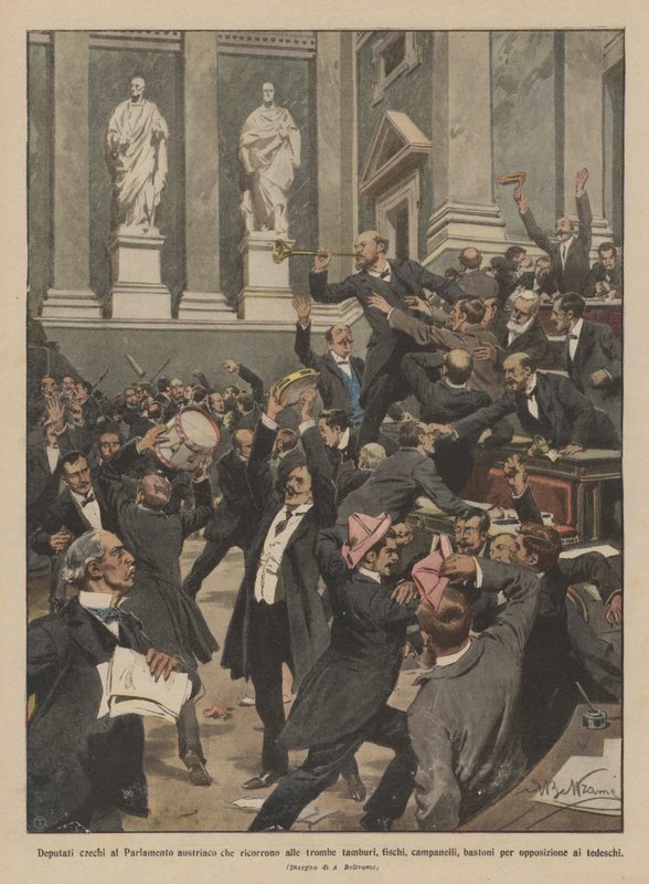 Avusturya Parlamentosu'nda trompet, davul, ıslık, çan kullanan Çek milletvekilleri? by Achille Beltrame