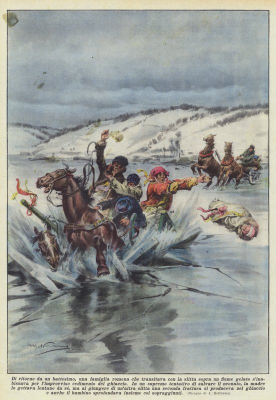 Vaftizden dönen, donmuş bir nehir üzerinde kızakla seyahat eden Rumen bir aile mi? by Achille Beltrame
