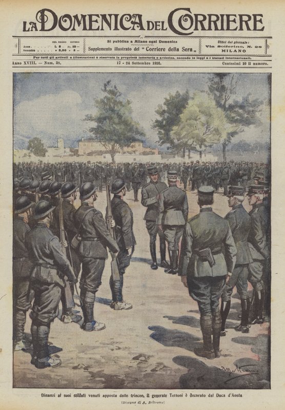 General Tettoni, siperlerden bilerek gelen askerlerinin önünde Aosta Dükü tarafından nişanlanır. by Achille Beltrame