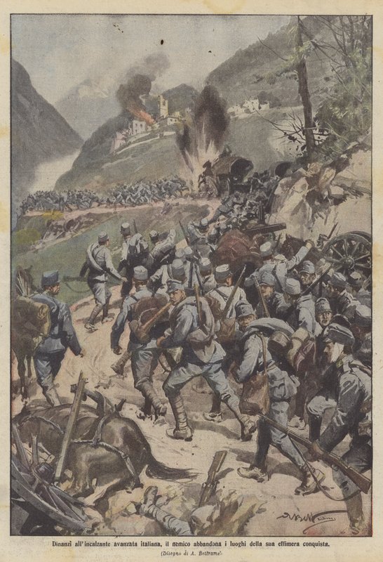 İtalyan ilerlemesinin baskısıyla karşı karşıya kalan düşman, geçici fetihlerinin yerlerini terk etti. by Achille Beltrame
