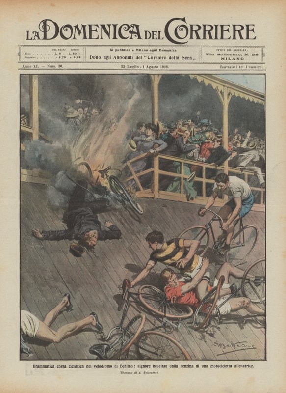 Berlin velodromunda dramatik bisiklet yarışı, bayanlar bir benzin tarafından yakıldı? by Achille Beltrame