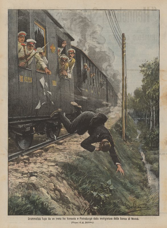 Moskova banka hırsızının Varşova ve Petersburg arasındaki trenden dramatik kaçışı by Achille Beltrame